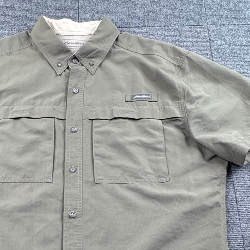 Eddie Bauer Mens Large Short Sleeve Fishing Shirt Olive Green Ripstop Ventilated
